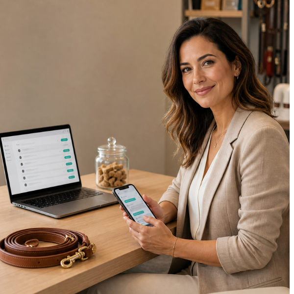 Proprietária de petshop usando o VetCRM com laptop e celular