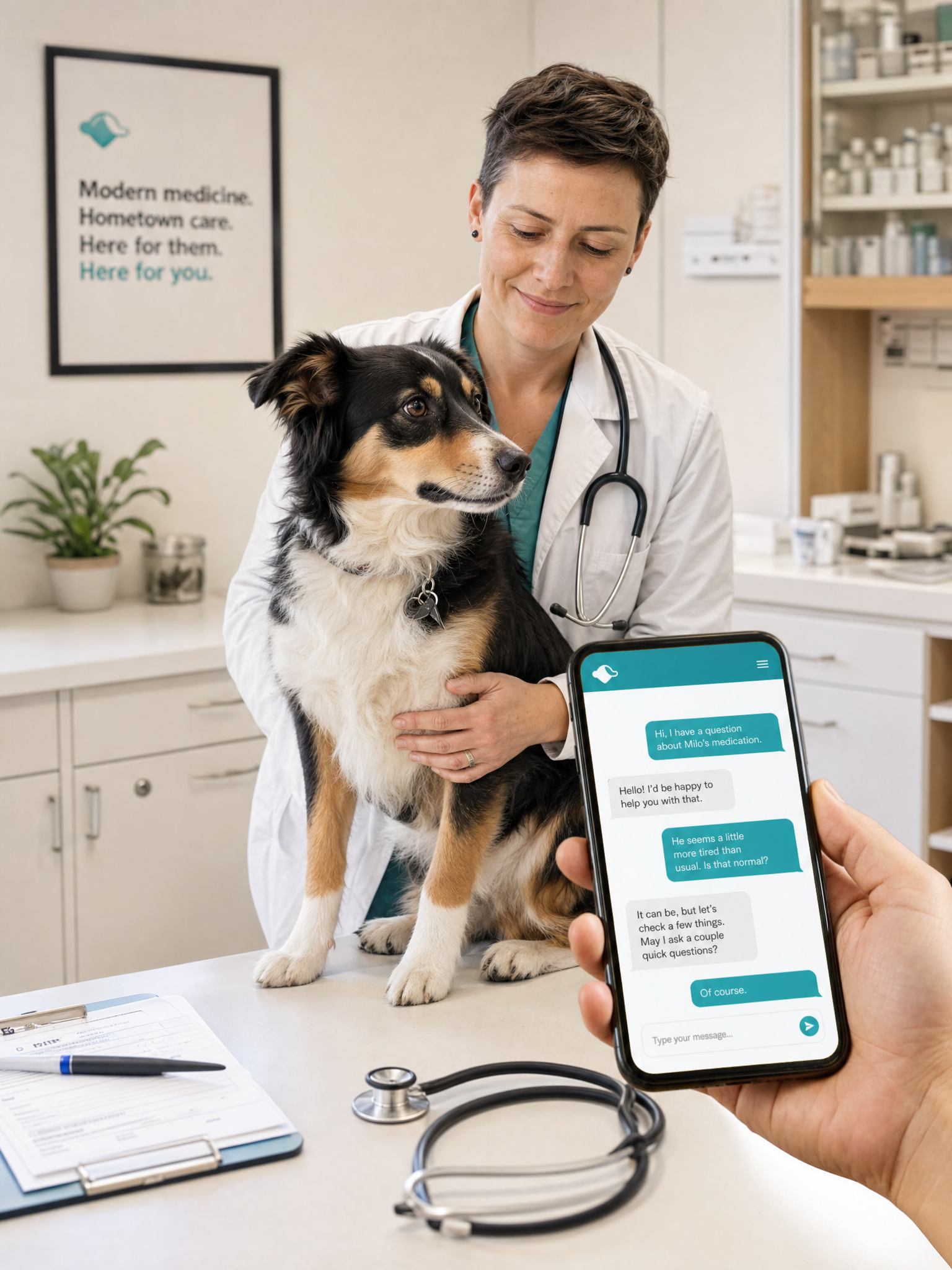 Veterinária com cão e tutor usando o VetCRM via WhatsApp