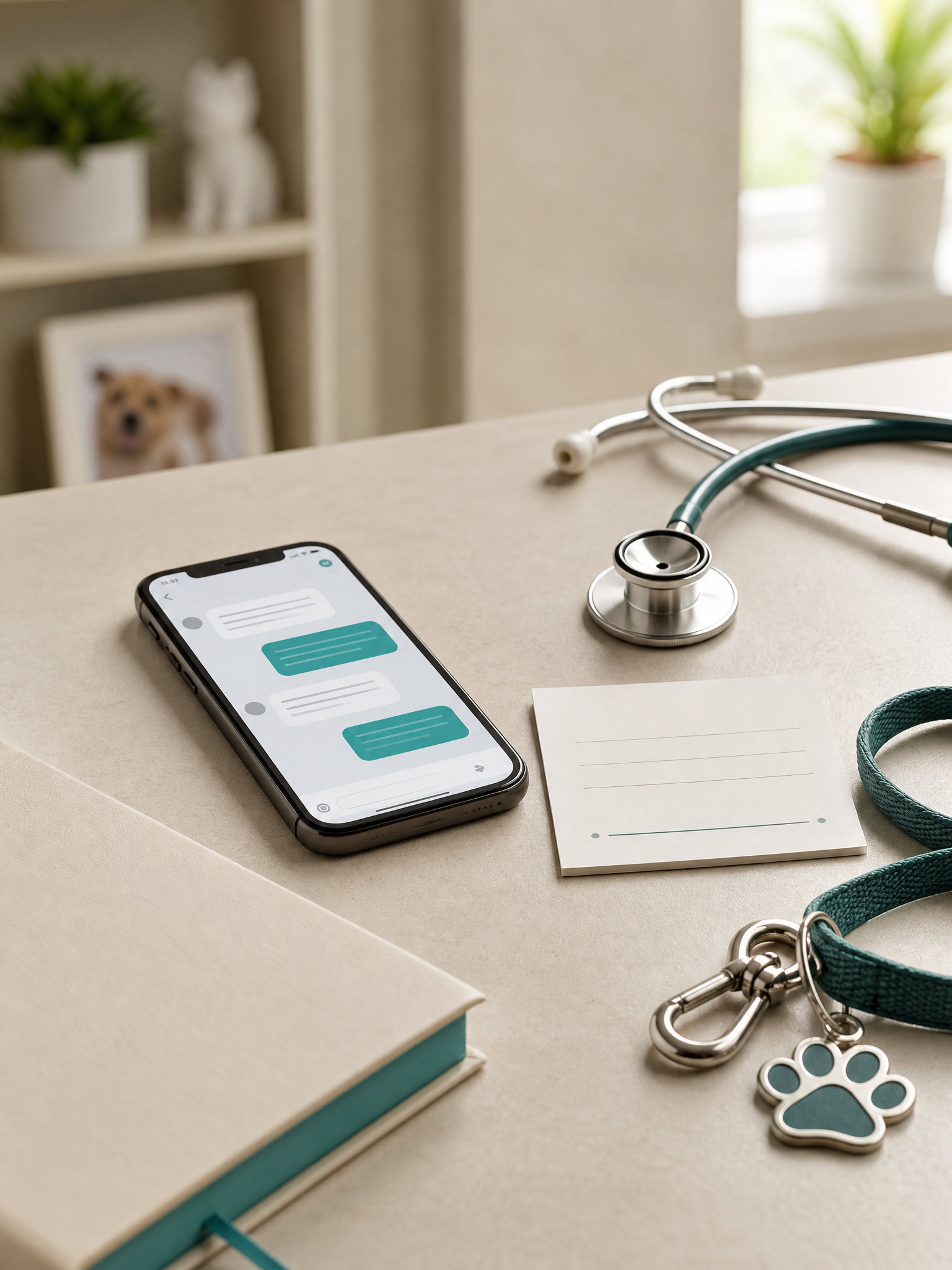 Mesa de clínica veterinária com celular mostrando mensagens do VetCRM